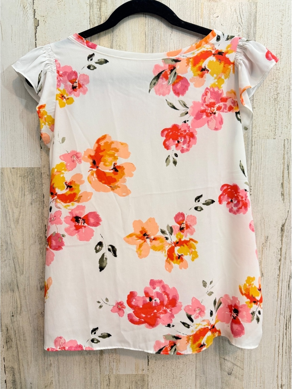 LOFT Petites XS Floral Flutter Sleeve Blouse White Pink Orange - Picture 2 of 10